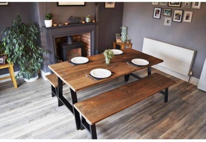 Dining table with 2 benches, black*brown - S61
